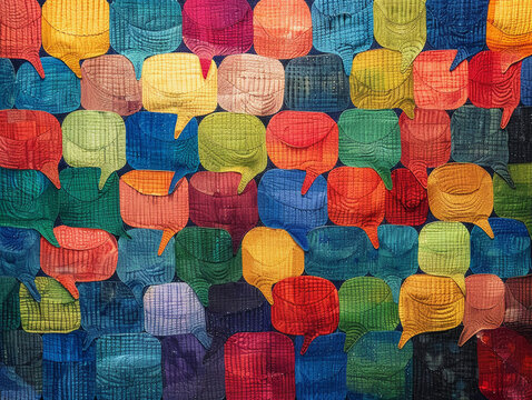 A tapestry of speech bubbles interweaving questions and answers, depicting the flow of conversation