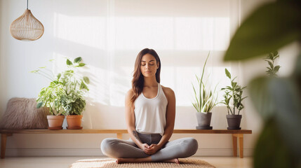 Young woman practicing meditation in modern interior room, yoga and meditation concept