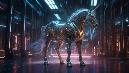 Within a futuristic laboratory filled with pulsating lights and intricate machinery, a genetically-enhanced unicorn stands as the central focus. - obrazy, fototapety, plakaty