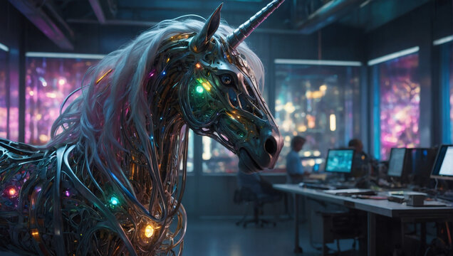 Within a futuristic laboratory filled with pulsating lights and intricate machinery, a genetically-enhanced unicorn stands as the central focus.