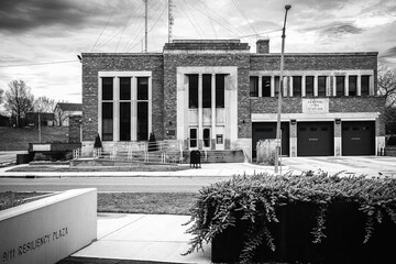 Benton Harbor City Hall and Fire Station Landmark Buildings in Michigan, USA, black and white retro-style photo