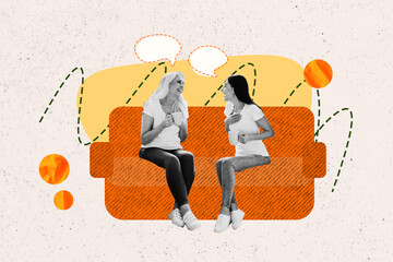 Artwork picture collage of charming cheerful positive women family speaking sharing news laughing together isolated on drawing background