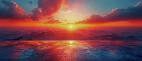 A beautiful sunset over a mountain range with a calm and peaceful mood - obrazy, fototapety, plakaty