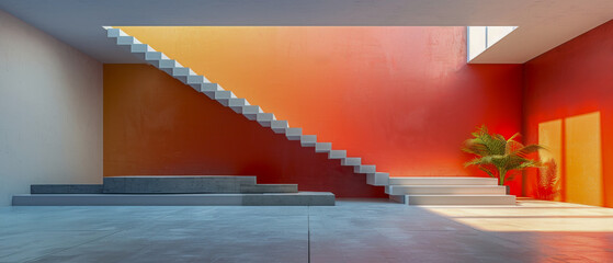 A white staircase is in front of a red wall - Powered by Adobe