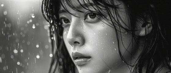 A woman with wet hair and a black and white photo of her