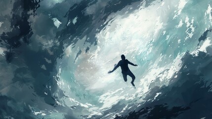 An illustration depicts a man in a free fall from the sky, presenting a minimalistic conceptual visualization