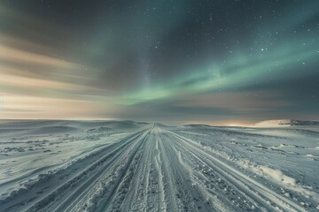Aurora Borealis over the Icelandic tundra, a mesmerizing dance of light against the stark landscape - obrazy, fototapety, plakaty