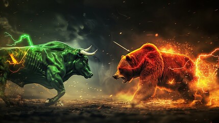 Bulls and bears with lightning bolts, technology, stock ideas up and down. - obrazy, fototapety, plakaty