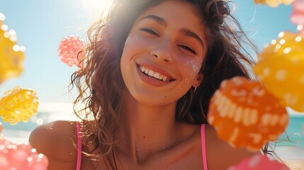 A brunette woman and a teenage girl, both smiling and holding colorful balloons, enjoy a beautiful summer day at the beach