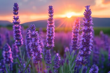 Breathtaking view of a purple lavender field under a golden sunset sky, radiating calm and beauty