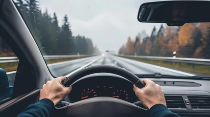 The point-of-view perspective from a driving car on a highway captures the sense of motion and travel