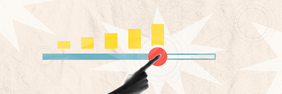 Banner. Contemporary art collage. Hand interacting with red pushpin on abstract graph with yellow bars and blue timeline. Concept of business, human resources, deadlines, time-management