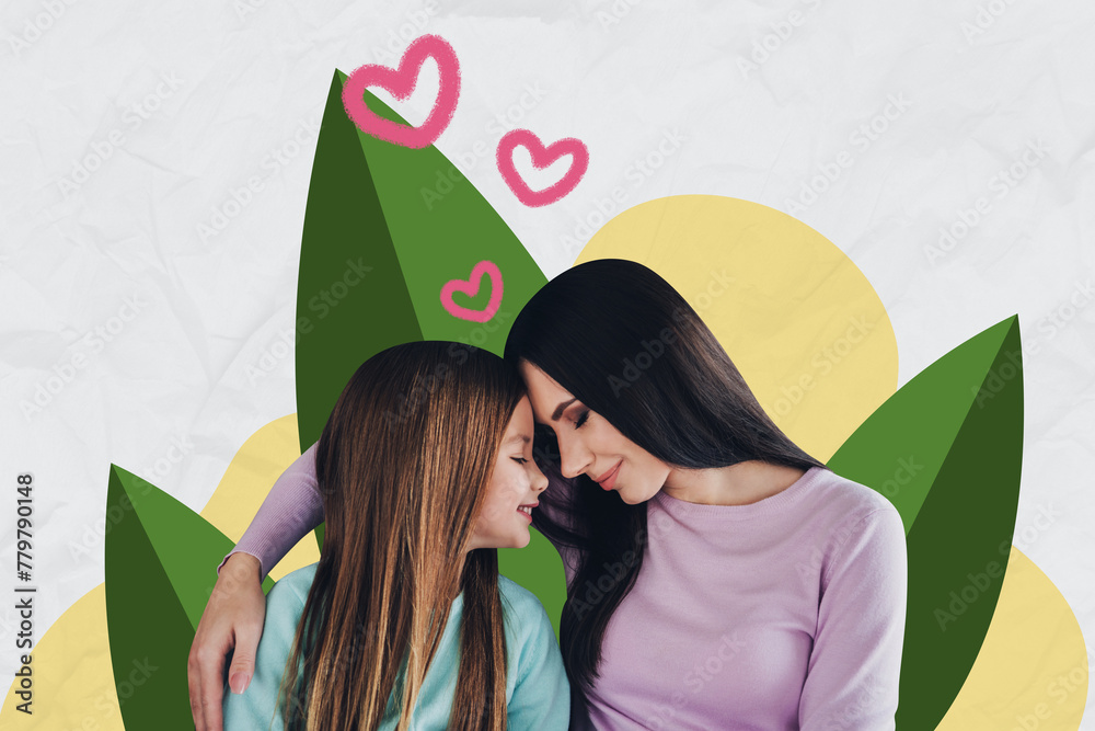 Sticker Composite collage picture image of cute mom daughter gentle hugging mother day love celebration concept unusual fantasy billboard comics