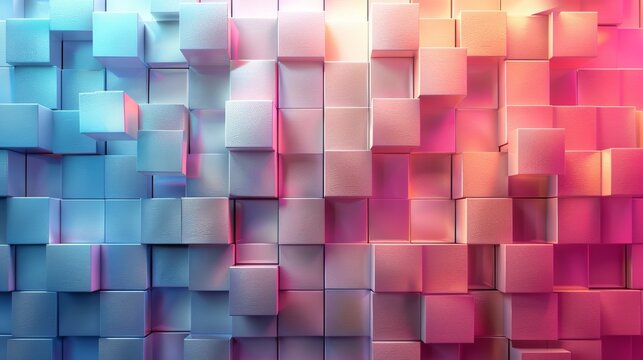 A colorful wall made of pink and blue blocks. The blocks are arranged in a way that creates a sense of depth and dimension. The colors and arrangement of the blocks give the impression of a vibrant