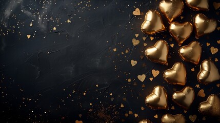 Gold heart balloons on dark background with confetti and heart cutouts