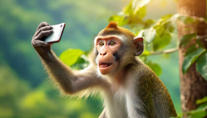 Monkey taking a selfie with smartphone, green sunny background.