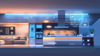 A futuristic kitchen with a large screen on the wall. The kitchen is modern and sleek, with a lot of chrome and glass elements. The countertops are made of a shiny