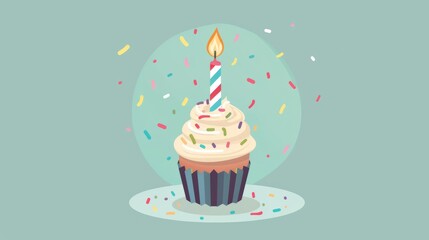 A colorful birthday cupcake with candle and confetti, candies on bokeh background