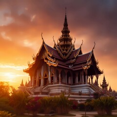 Siam temple at sunset - obrazy, fototapety, plakaty