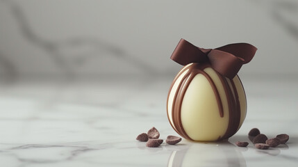Elegant Easter chocolate egg with brown ribbon on marble surface.