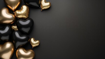 Elegant black and gold heart-shaped balloons on a dark background - obrazy, fototapety, plakaty