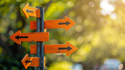 Signposts pointing in various directions, with questions hanging over, symbolizing decision points
