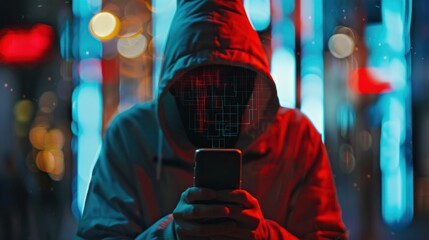 Fototapeta na wymiar Masked hacker villain uses smartphone in information technology concept with digital impact