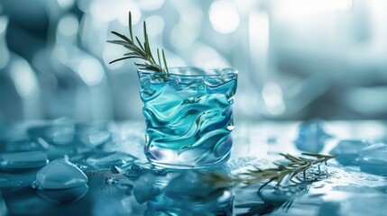 Close up of a blue cocktail in a wine glass on a table - obrazy, fototapety, plakaty
