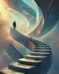 The journey of leadership and achievement depicted as climbing an endless staircase, aiming for the ultimate goal