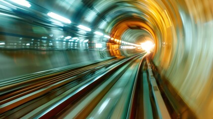 Blurred straight circular concrete train tunnel with light