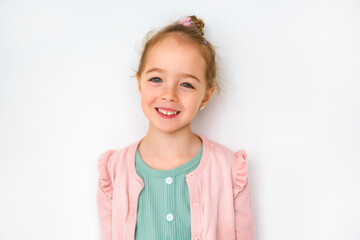Cute girl 4 year old posing in studio - 779791748