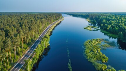 Obraz na płótnie Canvas Drone view of a travel road with a pine forest and lake view.