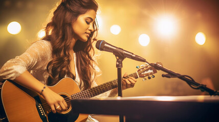 Portrait of female singer playing guitar in concert