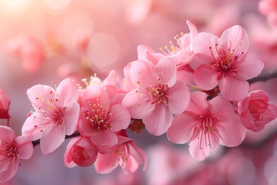 A stunning image of delicate cherry blossoms in full bloom with vivid pink petals and a soft, circular bokeh background