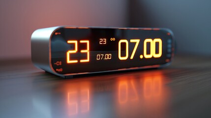 Modern digital clock design with sleek LED flat screen. The clock displays many functions such as temperature, 