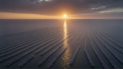 Aerial top view of solar panels or solar cells on buoy floating in lake sea or ocean - obrazy, fototapety, plakaty
