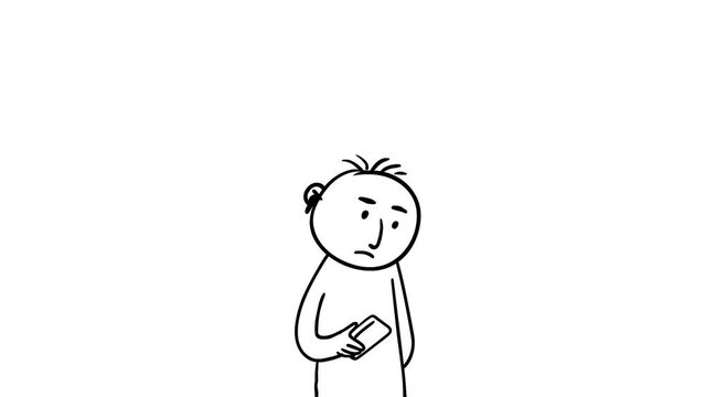 Drawn character. Round head. Male gender. Middle aged man. Performs various actions. On a white background. Half-length portrait. Line drawing. Hand-drawn animation.