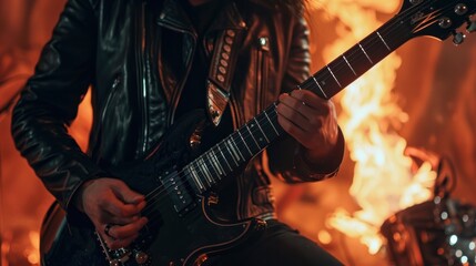 Obraz premium Young guitarist in a rock band Wearing a black leather shirt, guitar paddles, drag background, fire.