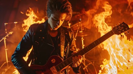 Fototapeta na wymiar Young guitarist in a rock band Wearing a black leather shirt, guitar paddles, drag background, fire.