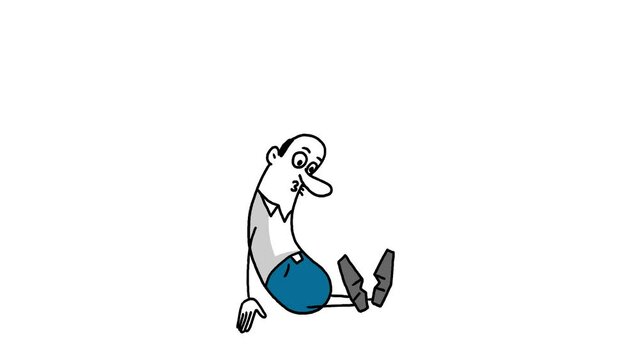 Sad man. Cartoon character. Sausage shape. He bowed his head. Depression. Color picture. On a white background. Line drawing. Hand-drawn animation. Doodle video
