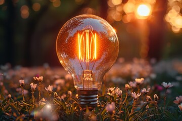 Majestic image depicting a glowing light bulb amidst blooming flowers in the golden hour, symbolizing ideas and eco-friendly energy solutions