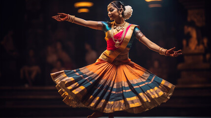 Portrait of beautiful indian woman performing bharatnatyam dance in concert