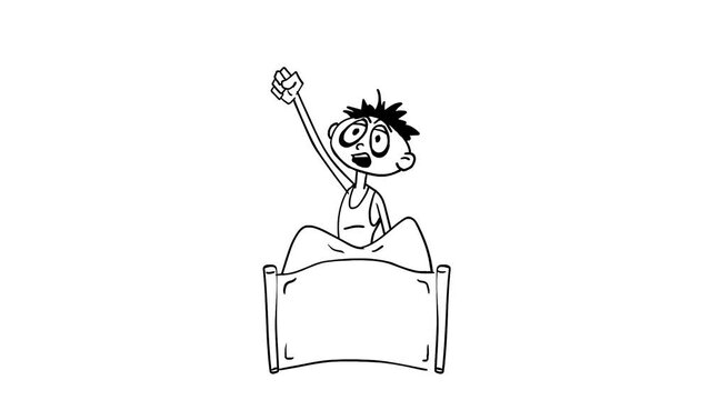 The man wakes up. Raises his hand up. Lying in bed. Morning time. On a white background. Line drawing. Hand-drawn animation.