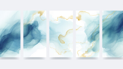 Modern watercolor background or elegant card design for birthday invite or wedding or menu with abstract blue ink waves and golden splashes on a white