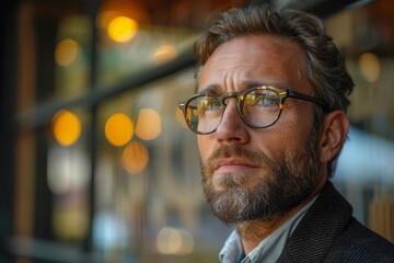 Obraz premium Thought-provoking image of a bearded man with stylish glasses lost in thought, capturing a moment of introspection