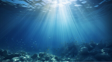 Fototapeta na wymiar Beautiful seabed in shades of blue with algae and beautiful light