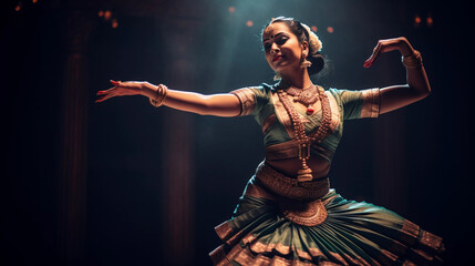 Portrait of classical indian dancer doing bharatanatyam on stage, performing cultural art