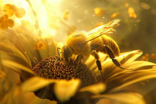 Bee exploring the depths of an oversized daisy, ultra-detailed textures, in a photo-realistic, cinematic light setting.
