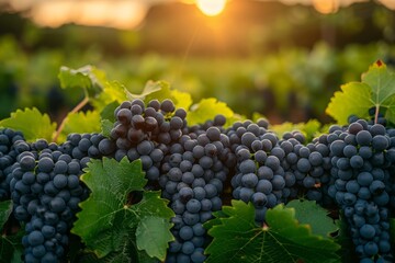 Ripe bunches of grapes on the vine with sun setting in background, representing winemaking, agriculture and golden hour in a vineyard - obrazy, fototapety, plakaty