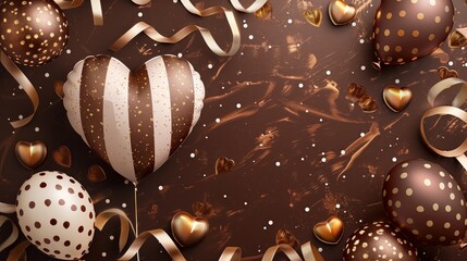 Elegant chocolate Easter eggs and hearts with golden decorations.